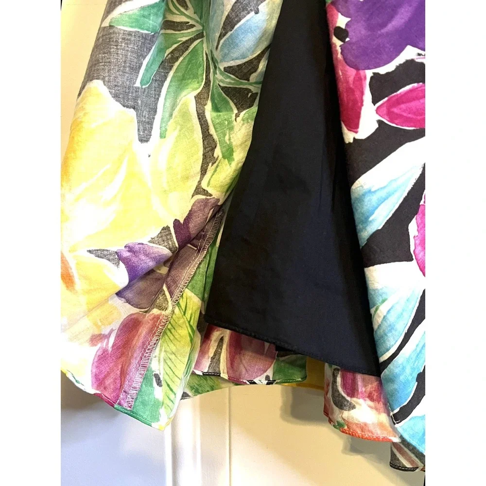 Vintage Ralph Lauren Floral A-Line Midi Skirt Sz 16 Black Multi Tropical Cotton